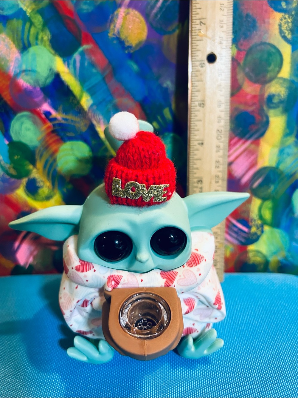 Baby Yoda Glass/Silicone Bubbler with Red 'LOVE' Winter Hat